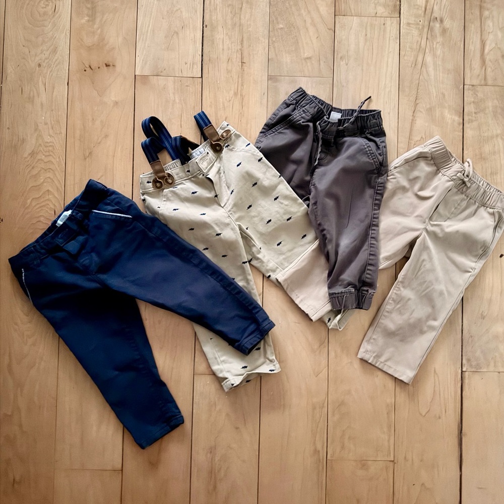4pc Toddler Boy Pants 18M Bundle Navy Khaki Grey Chinos Joggers Suspenders.
